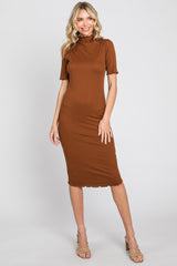 Rust Ribbed Mock Neck Fitted Maternity Midi Dress