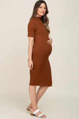 Rust Ribbed Mock Neck Fitted Maternity Midi Dress