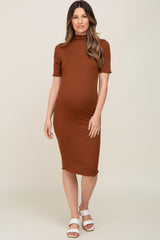 Rust Ribbed Mock Neck Fitted Maternity Midi Dress