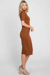 Rust Ribbed Mock Neck Fitted Midi Dress