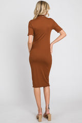 Rust Ribbed Mock Neck Fitted Midi Dress