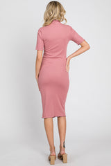 Pink Ribbed Mock Neck Fitted Midi Dress