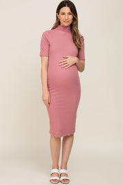 Pink Ribbed Mock Neck Fitted Maternity Midi Dress