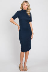 Navy Ribbed Mock Neck Fitted Maternity Midi Dress