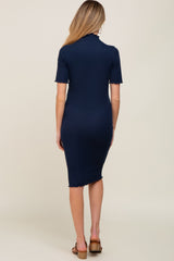 Navy Ribbed Mock Neck Fitted Maternity Midi Dress