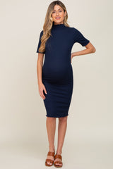 Navy Ribbed Mock Neck Fitted Maternity Midi Dress