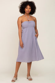 Grey Smocked Sleeveless Halter Midi Dress