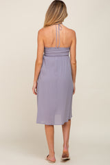 Grey Smocked Sleeveless Halter Maternity Midi Dress