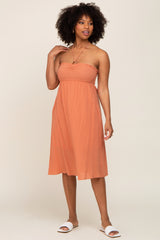 Rust Smocked Sleeveless Halter Midi Dress