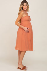 Rust Smocked Sleeveless Halter Maternity Midi Dress