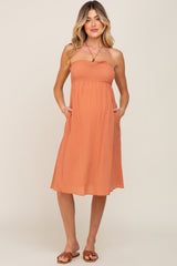 Rust Smocked Sleeveless Halter Maternity Midi Dress