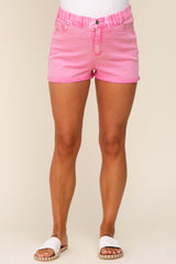 Pink Faded Elastic Waist Maternity Cuffed Shorts