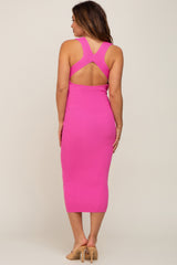 Fuchsia Ribbed Low Back Cut Out Sleeveless Maternity Midi Dress