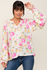 Ivory Floral Button Front Long Sleeve Maternity Blouse