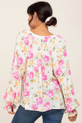 Ivory Floral Button Front Long Sleeve Blouse