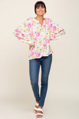 Ivory Floral Button Front Long Sleeve Blouse