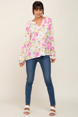 Ivory Floral Button Front Long Sleeve Blouse