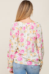 Ivory Floral Button Front Long Sleeve Maternity Blouse