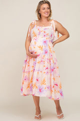 Lavender Floral Square Neck Shoulder Tie Tiered Maternity Plus Maxi Dress