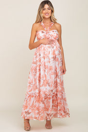 Rust Floral Chiffon Halter Maternity Maxi Dress