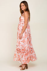 Rust Floral Chiffon Halter Maxi Dress