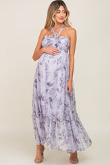 Lavender Floral Chiffon Halter Maternity Maxi Dress