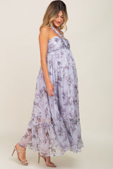 Lavender Floral Chiffon Halter Maternity Maxi Dress