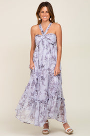 Lavender Floral Chiffon Halter Maxi Dress