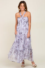 Lavender Floral Chiffon Halter Maternity Maxi Dress