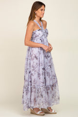 Lavender Floral Chiffon Halter Maxi Dress