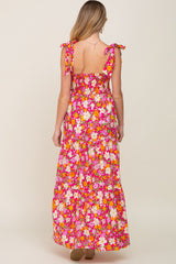 Fuchsia Multi-Color Floral Sleeveless Smocked Tiered Maternity Maxi Dress