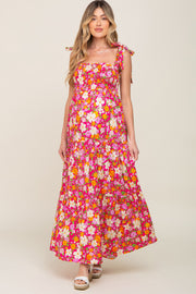 Fuchsia Multi-Color Floral Sleeveless Smocked Tiered Maternity Maxi Dress