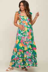 Green Floral Chiffon Square Neck Ruffle Maternity Maxi Dress