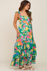 Green Floral Chiffon Square Neck Ruffle Maternity Maxi Dress