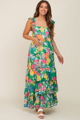 Green Floral Chiffon Square Neck Ruffle Maternity Maxi Dress