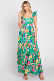 Green Floral Chiffon Square Neck Ruffle Maxi Dress