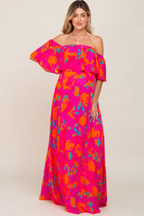 Fuchsia Floral Strapless Flounce Maternity Maxi Dress