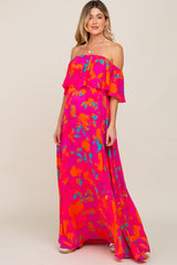 Fuchsia Floral Strapless Flounce Maternity Maxi Dress