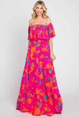 Fuchsia Floral Strapless Flounce Maxi Dress