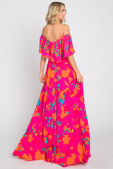 Fuchsia Floral Strapless Flounce Maxi Dress