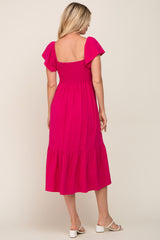 Fuchsia Smocked Ruffle Hem Midi Dress