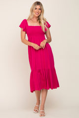 Fuchsia Smocked Ruffle Hem Midi Dress