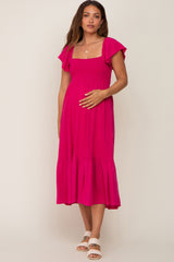 Fuchsia Smocked Ruffle Hem Maternity Midi Dress