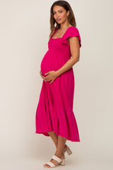 Fuchsia Smocked Ruffle Hem Maternity Midi Dress