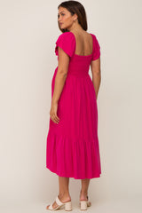 Fuchsia Smocked Ruffle Hem Maternity Midi Dress