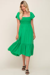 Green Smocked Ruffle Hem Maternity Midi Dress