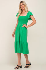 Green Smocked Ruffle Hem Midi Dress