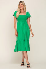 Green Smocked Ruffle Hem Midi Dress