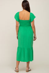 Green Smocked Ruffle Hem Maternity Midi Dress