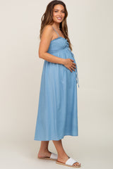 Blue Chambray Cinched Smocked Maternity Midi Dress